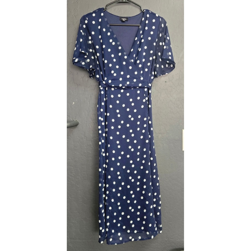 Tacera Navy Blue Polka Dot Faux‎ Wrap Midi Dress Short Flutter Sleeve Petite L.
